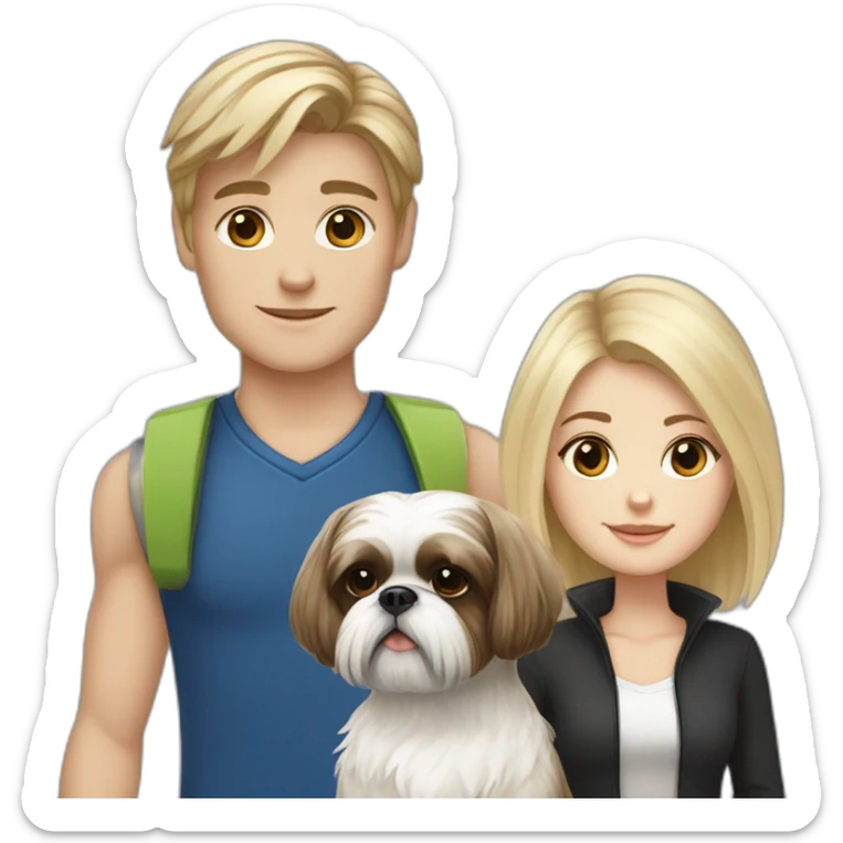 a blonde white girl with a dark haired boy and one dog shih tzu sticker