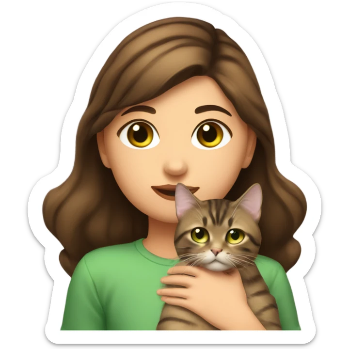 One girl with dark brown hair and hazel eyes kissing a brown tabby cat with green eyes on its head sticker