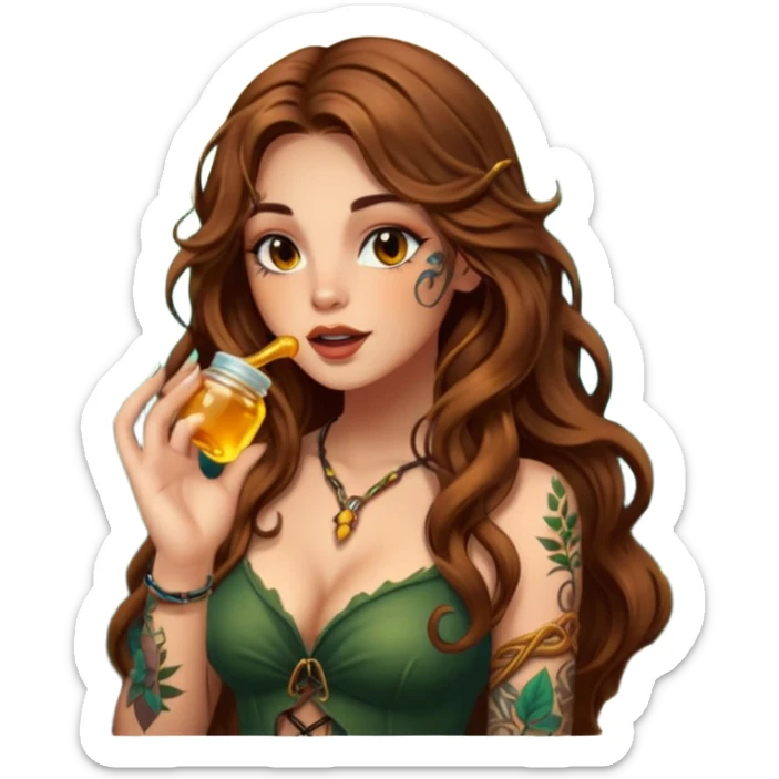 woman with long wavy brown hair, tattoos, forest mystic outfit, licking glowing honey from fingertip, flirty eyes sticker