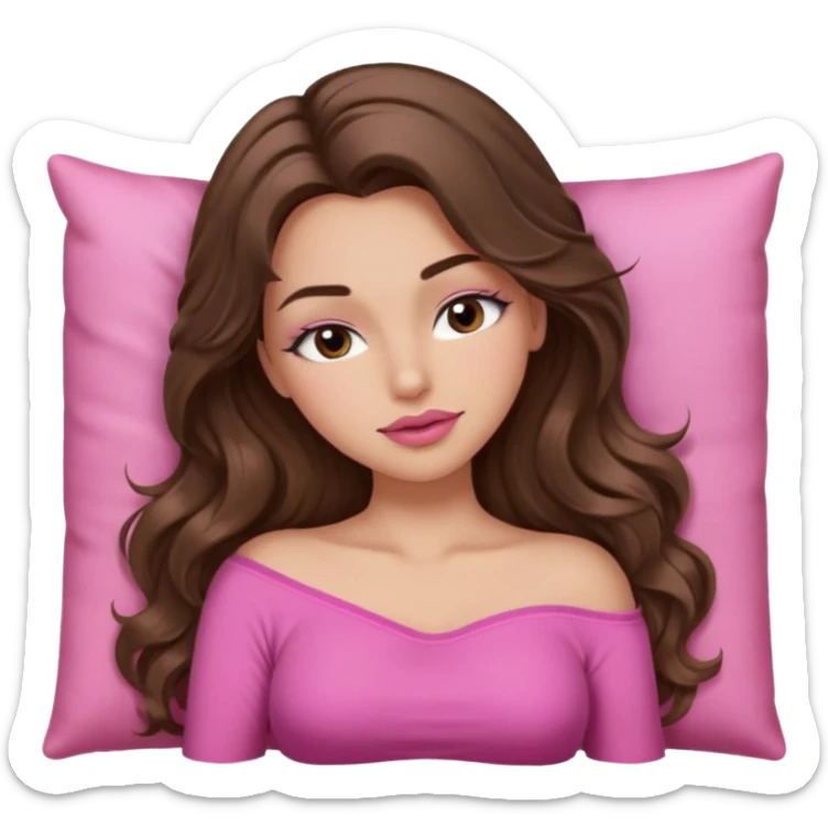 girl with long wavy brown hair, brown eyes, long lashes makeup, sexy pink lips, light to medium complexion, wearing a pink sexy top, sleeping sticker