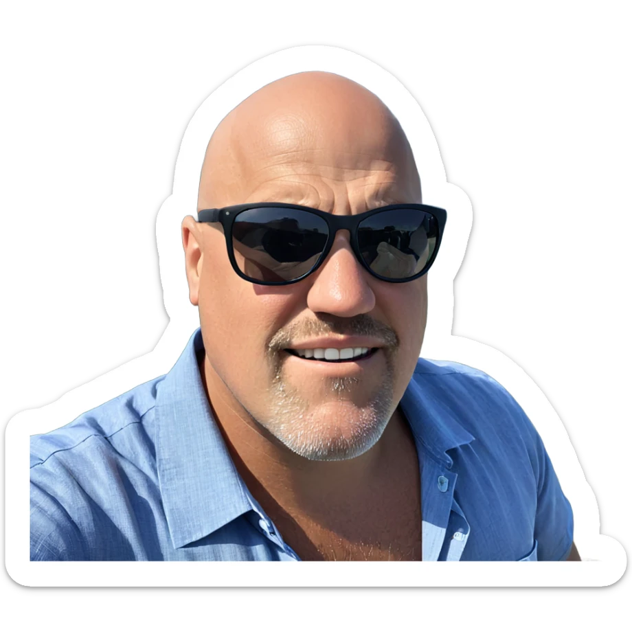 bald man by the ocean sticker