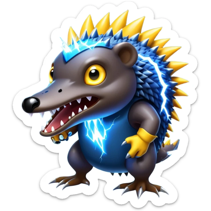 a fantastical dangerous and spooky electric platypus merged with a hedgehog with sharp teeth, metal electric spikes, and strong fangs, electricity and lightning coming, menacing look, yellow and blue lightning bolts sticker