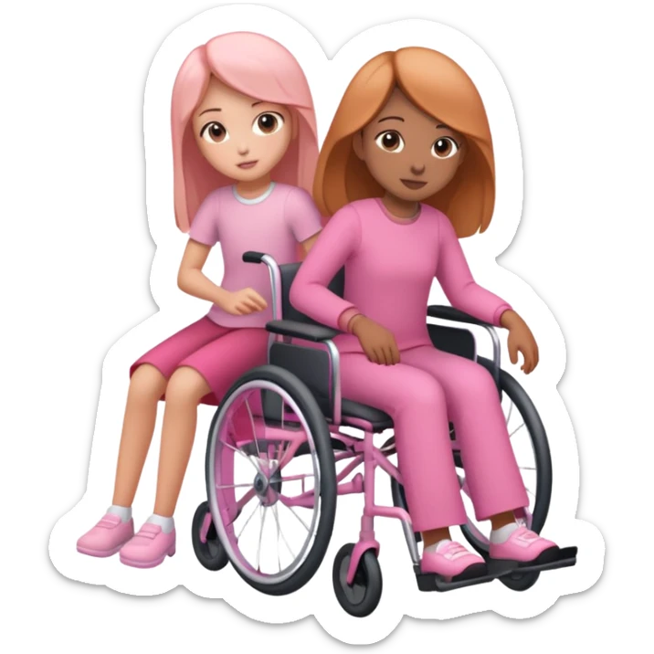 One peach skin sister pushing her light brown skin sister in a pink wheelchair sticker
