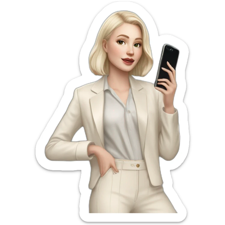 pale skin woman with ash blonde Straightened bob Hair, White Spacious classical jacket, beige palazzo Arrow pants and gray blouse holding white IPhone 15 pro in the hands sticker