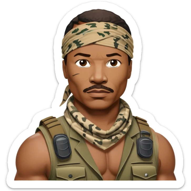 Carl Weathers as Dillon from Predator movie, muscular man in military gear with bandana sticker
