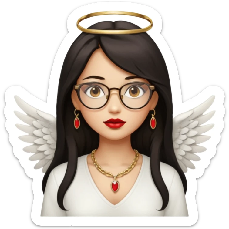 Angel girl with eyeglasses and Middle parted hair long dark hair with red lipstick  and push gold necklaces and dark eyes with withe wings sticker