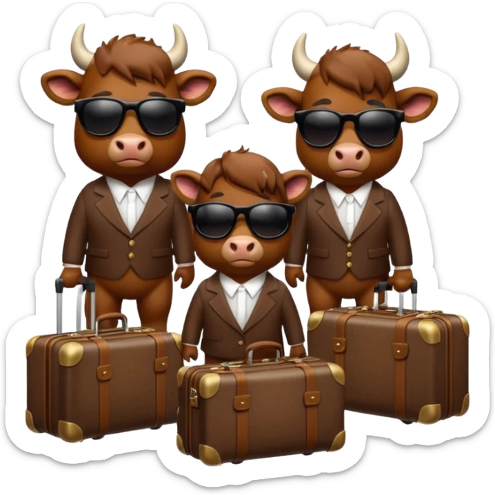 generate an emoji of a group of up to 8 male and female bulls travelling together on holidays. Include sunglasses and suitcases sticker