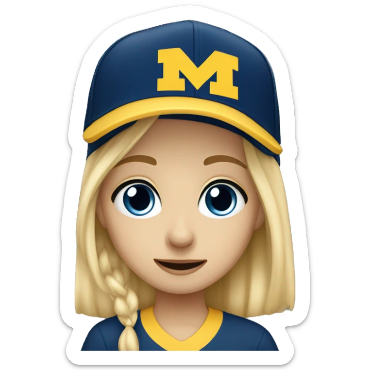 Blonde girl with blue eyes crying wearing University of Michigan hat sticker