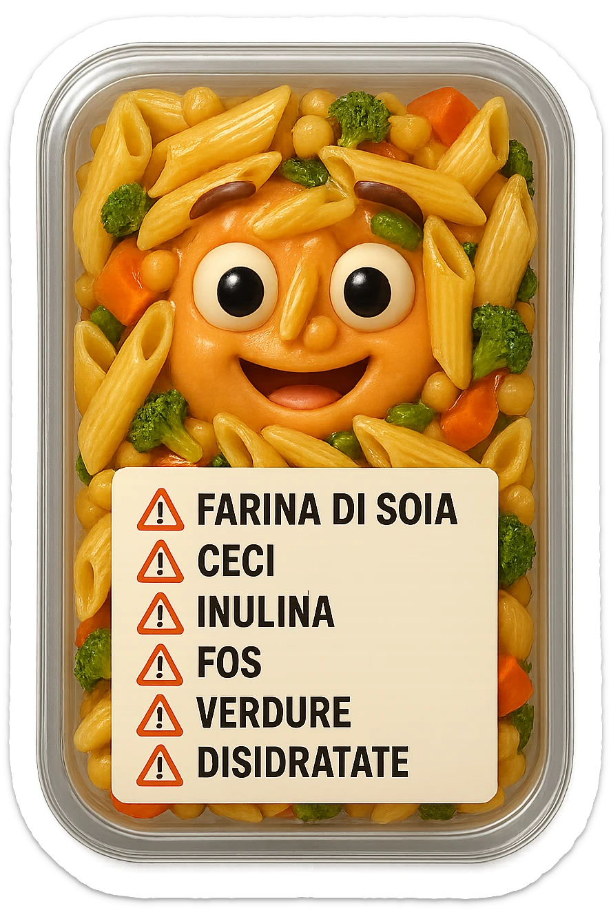 SU QUESTO STILE FAI UN EMOJI STILE IPHONE 3D DI UN insalata di pasta precotta preconfezionata con ETICHETTA CON GLI INGREDIENTI SCRITTI, "farina di soia, ceci, inulina, FOS, GOS, verdure disidratate" accanto ad ogni nome scritto mettici un segnale di allarme, FALLO MOLTO REALISTICO IN 3D sticker