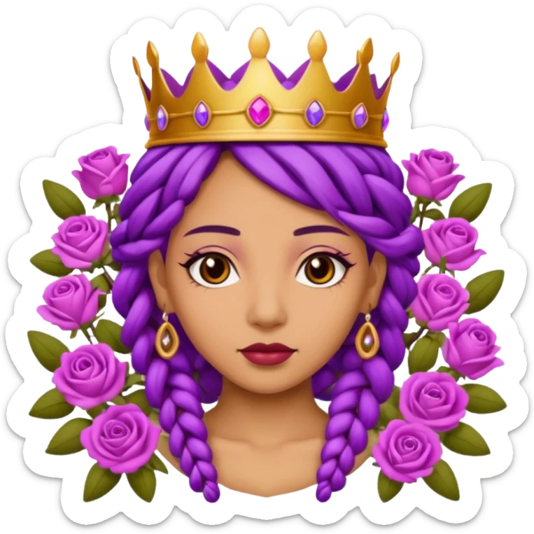 Crown Olive skin queen with purple braids, brown eyes surrounded by roses sticker