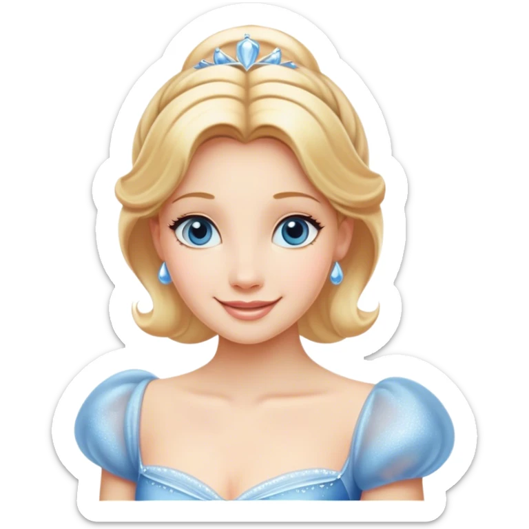 Cinematic Radiant Cinderella Portrait Emoji, rendered in a clean vector-style with bold proportions. Show Cinderella with a warm, serene smile, fair skin, and lustrous blonde hair, wearing a simple yet elegant dress that shimmers with gentle light. The image glows with an inviting, soft radiance and high shine, embodying timeless beauty. sticker