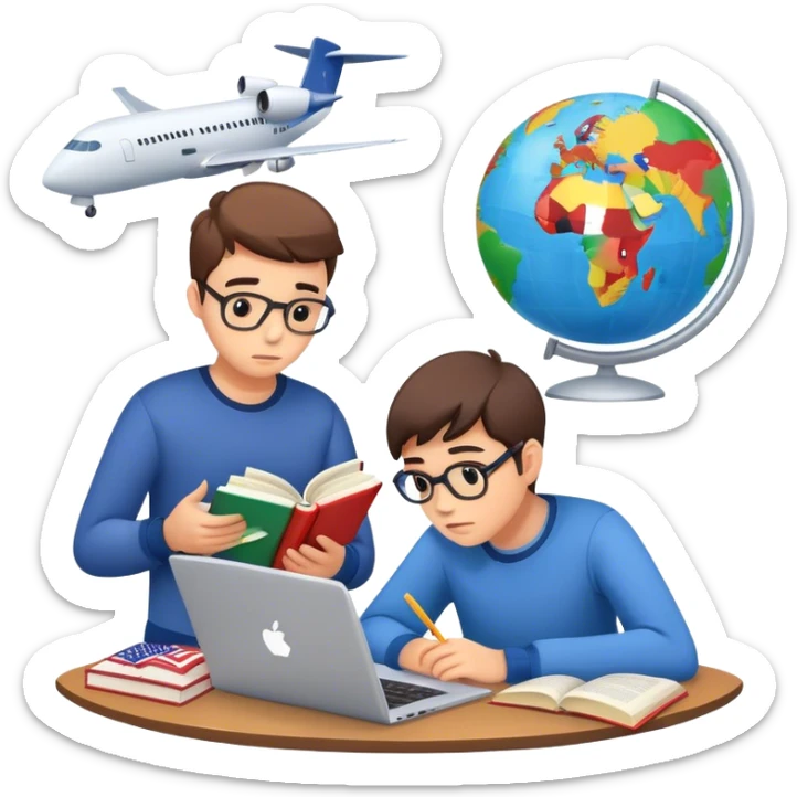 "A worried parent reading a book about exams 📖😟, a teenager studying with a laptop 💻📚, a globe with flags of different countries 🌍🏳️‍🌈, and an airplane taking off ✈️. sticker