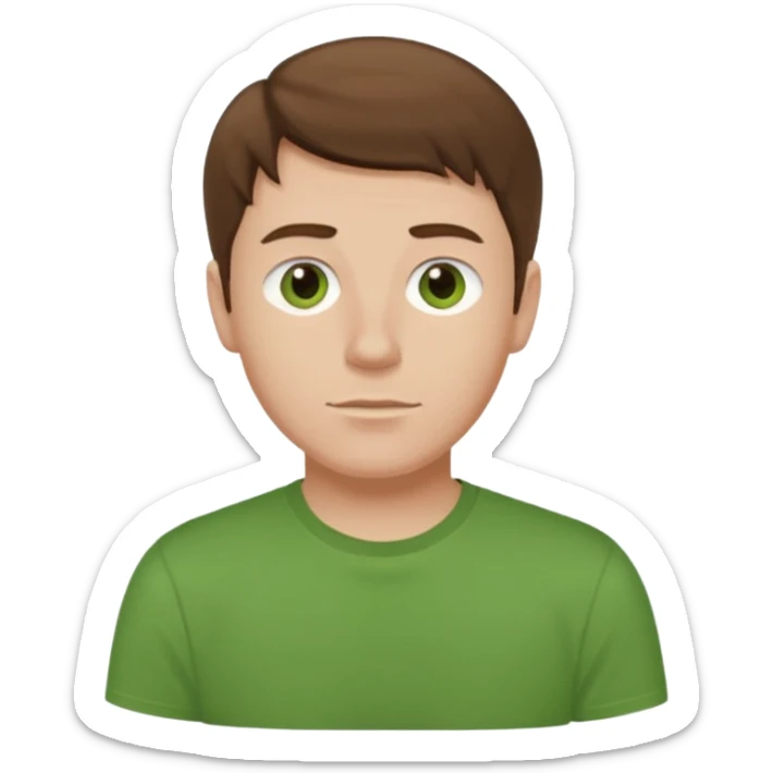 a self asured white male. brown hair. green t-shirt. blue background sticker