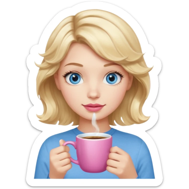 Girl Blonde short wavy hair,  blue eyes, cute blue top, long lashes, pink lips, holding white hot coffee mug sticker