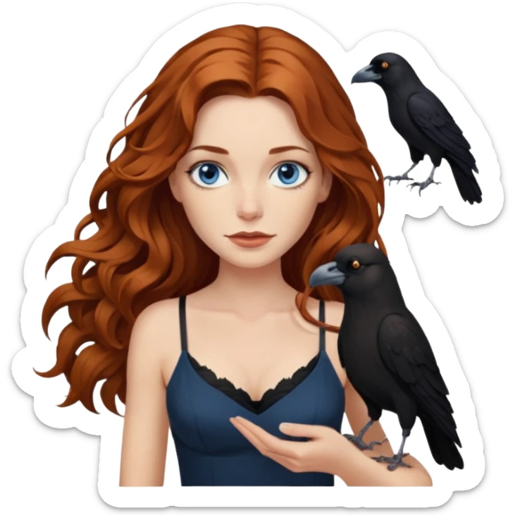 J9hn Constantine and Long wavy Auburn hair woman BLUE eyes wearing black cami and a crow sticker