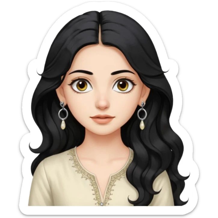 a pretty bratz fair girl with long wavy black hair, kajal under eyes, small silver hoop. ivory coloured kurti sticker