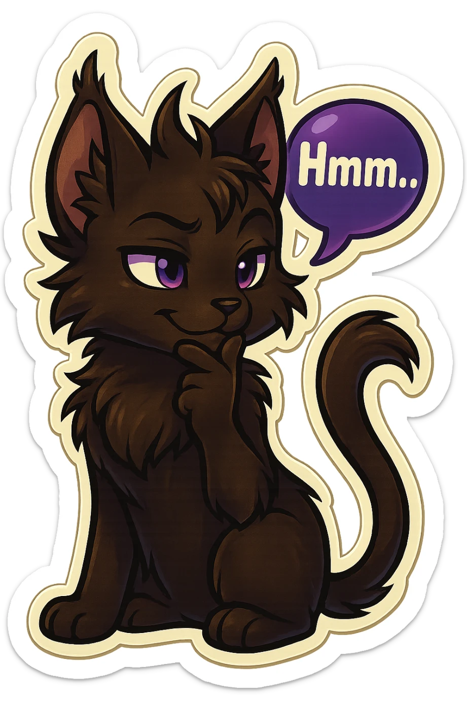 a dark-brown fluffy cute kawaii anthropomorphic furry anime cat-furry with tufted ears and a long thin tufted tail, thinking, smirking thoughtfully, saying “Hmm..” with a purple speech bubble, (cartoon style) (cute anime style) (furry style) (deviantArt style) (artist style: Kamirah) sticker
