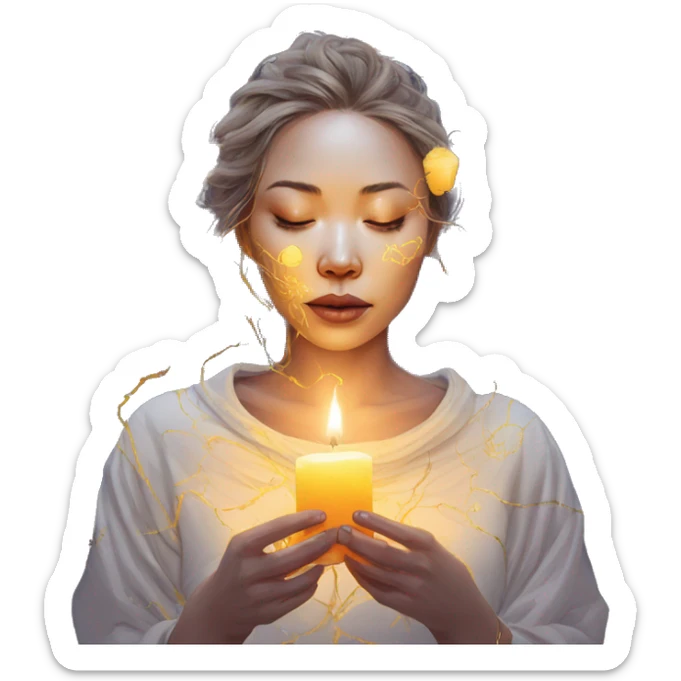 Kintsugi person melting into graffiti galaxies with candles lanterns and fairy lights sticker