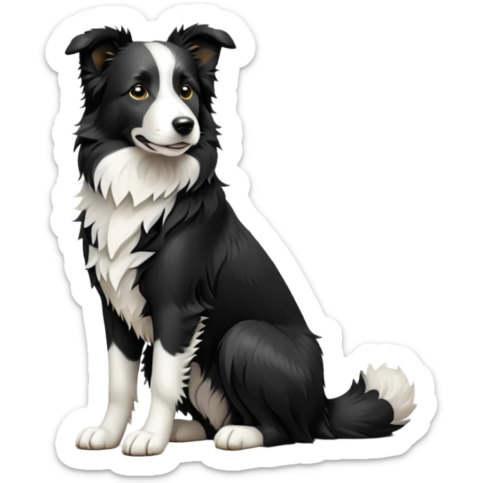 cinematic-[border collie dog]-realistic-full-body-sitting-emoji,-tail-resting-loosely-beside-its-paws,-head-tilted-dramatically,-scruffy-[black and white]-fur,-simplified-yet-realistic-focused-features,-highly-detailed,-glowing-with-an-almost-sarcastic-glow sticker