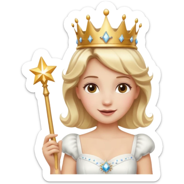 dorothy queen blonde hair, white dress with magic wand, rounded sparcle, and crown on head. sticker