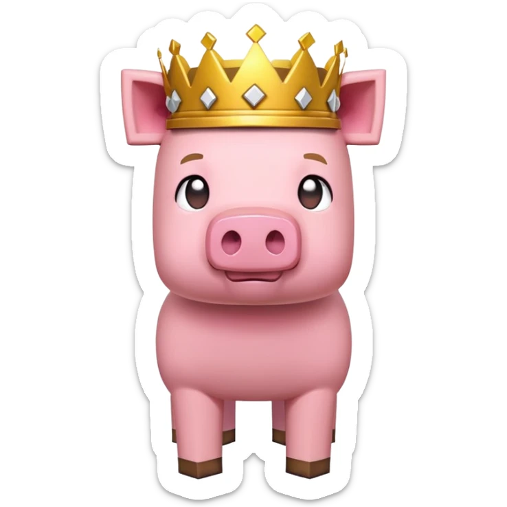 minecraft pig full body pink blocky animal square head square body wearing a crown sticker