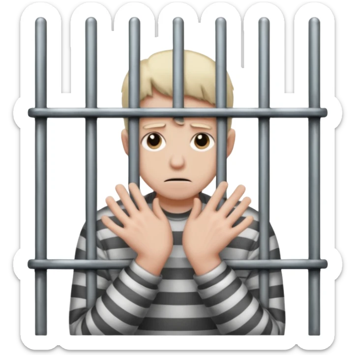 Smutna buzia (☹️) za więziennymi kratami trzymająca się ich rękami sticker