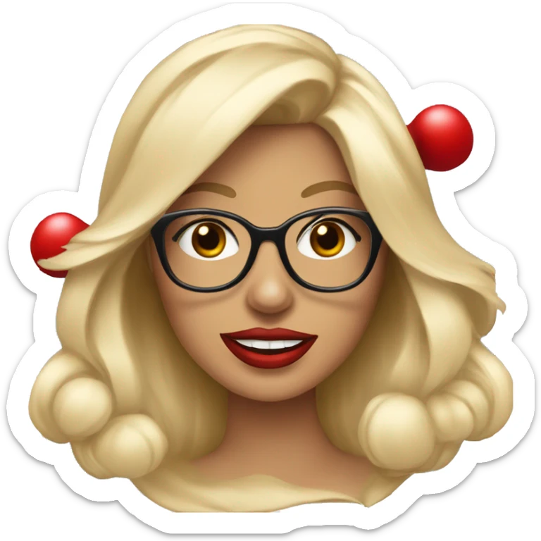 Beautiful blonde woman, blue eyes wearing santa hat and glasses and red lips holding Yorkshire terrier  sticker
