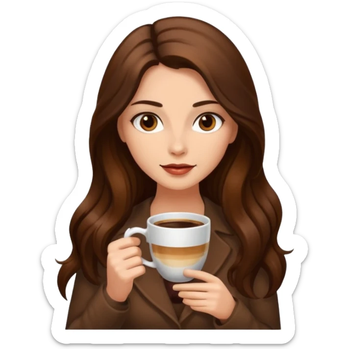 Brown long haired sexy woman with dark brown eyes with cup of coffee sticker