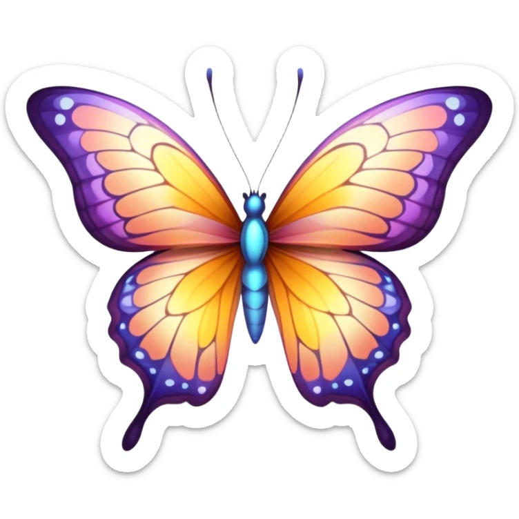 Cinematic Elegant Butterfly Portrait Emoji, Poised and ethereal, with delicate, intricately patterned wings in a kaleidoscope of soft, vibrant colors, a slender, graceful body, and gentle, observant eyes, Simplified yet exquisitely delicate features, highly detailed, glowing with a soft, radiant luminescence, high shine, intelligent and enchanting, stylized with an air of whimsical floral elegance, focused and poised, soft glowing outline, capturing the essence of a watchful butterfly that appears ready to flutter out of the screen with magical grace! sticker