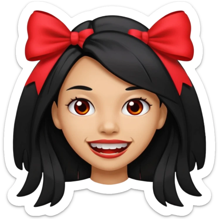 Woman with big teeth, a little tan and long straight black hairs with sticker