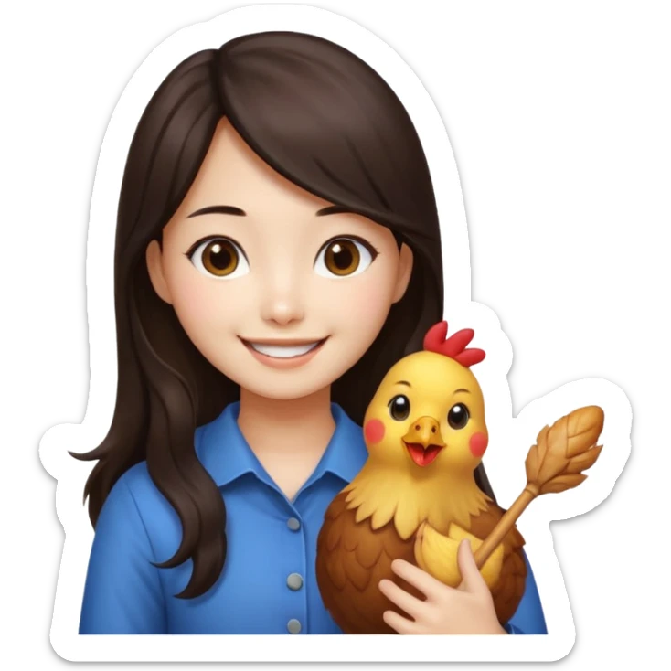 korean girl with long dark brown hair holding a chicken drumstick, emoji style sticker