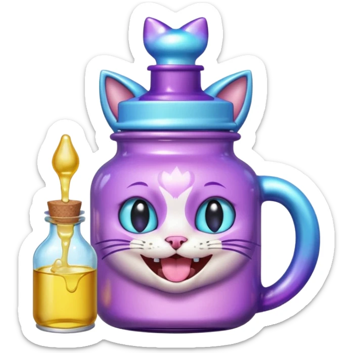 Smiling bottle of oil light purple top and light blue sticking tongue out and with cat ears sticker