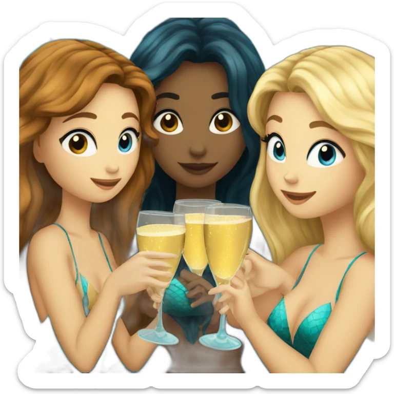 Three beautiful mermaids (two brown hair with brown eyes and blond one with blue eyes) drinking champagne sticker