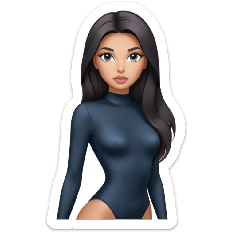 Glamours, tanned, very beautiful girl, with big pump peach-beige-rose lips, long long lashes, black straight smooth silky long hair, straight parting hair, blue-grey eyes in black long-sleeves bodysuit sticker