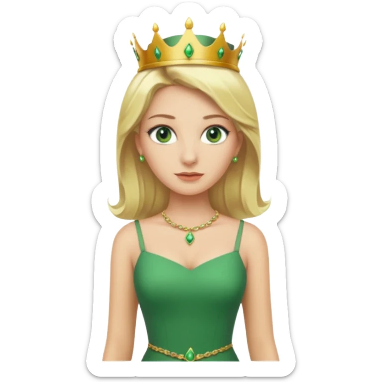 Queen, crown, blonde hair, green eyes, long green tight dress, whole Body, sticker
