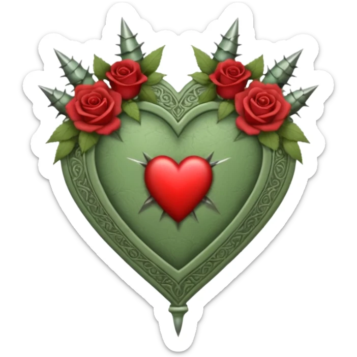 Can you make a sage green heart with a gothic design, I want roses and spikes around the heart. In the middle of the heart the letter I sticker