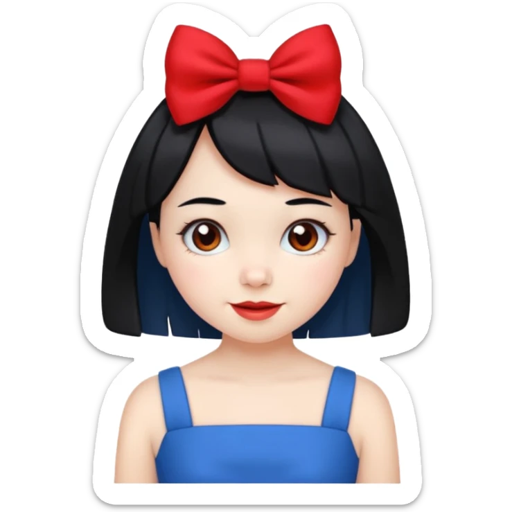 girl with white skin, short black hair, red bow, wearing a blue dress, cheerful expression sticker