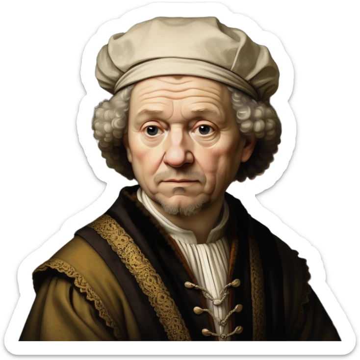 cinematic-realistic-portrait-of-rembrandt,-shown-as-a-master-artist-with-deep,-introspective-eyes-and-richly-detailed-period-clothing,-rendered-with-dramatic-chiaroscuro-lighting-that-emphasizes-his-legacy sticker