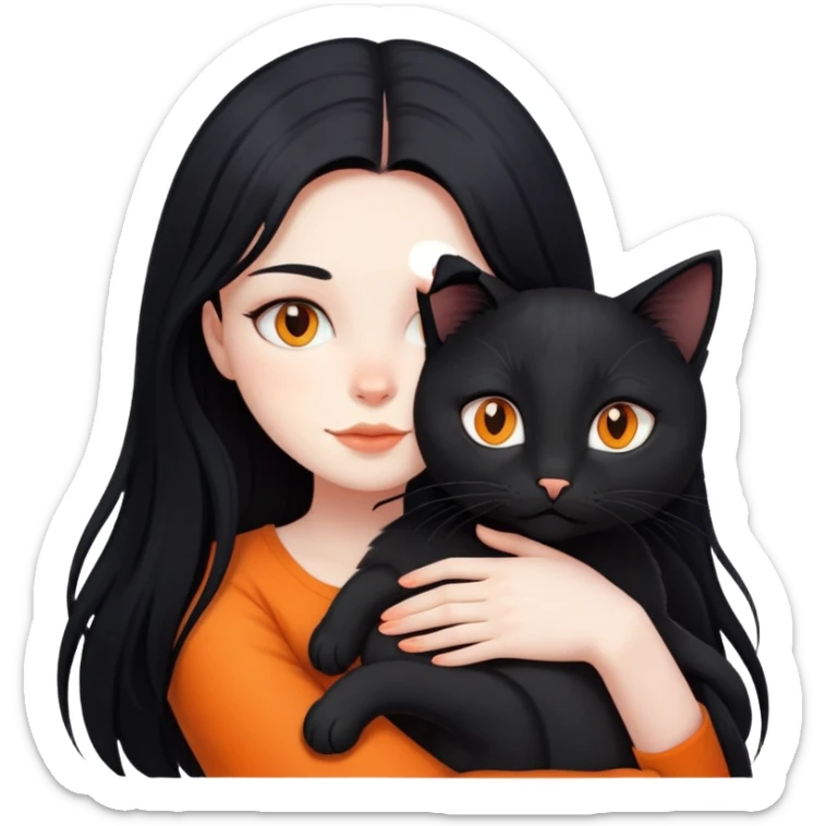 A girl with long black hair hugs a black cat, an orange cat, and a black cat sticker