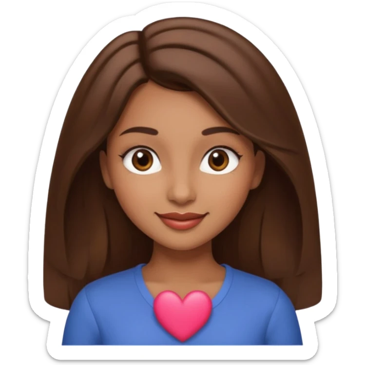 brown-skinned girl with slightly wavy hair, straight nose, heart-shaped lips, round eyes and face, soft eyebrows, long lashes, smiling, shown from the waist up sticker