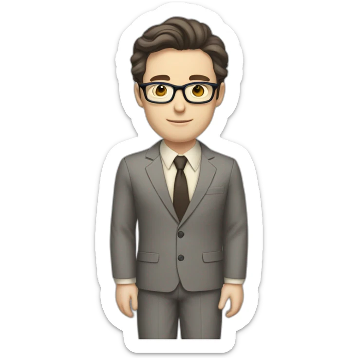 Full height Pale skinned Fit Man With dark brown hair in classic gray suit, beige office shirt, dark gray tie, and vintage glasses. His hands lock sticker