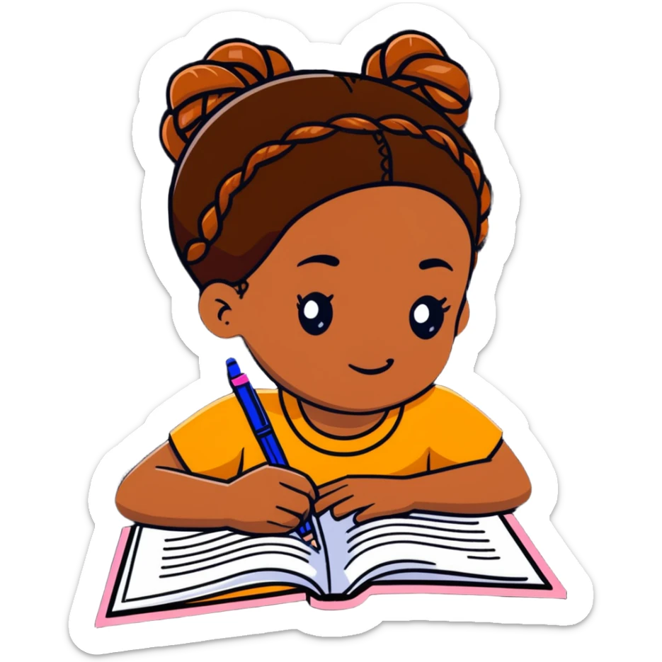 African girl student with brown skin and braided hair writing with book and pen sticker