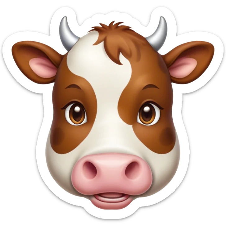 Cinematic Cute Brown and White Cow Portrait Emoji, Head tilted playfully and inquisitively, featuring a glossy, richly patterned hide of brown with striking white patches, round, sparkling brown eyes filled with gentle curiosity, Simplified yet irresistibly adorable features, highly detailed, glowing with a warm, friendly glow, high shine, affectionate and serene, stylized with a touch of country charm, bright and endearing, soft glowing outline, capturing the essence of a mischievous yet loving cow, so playful it feels like it could moo out of the screen and into your arms! sticker