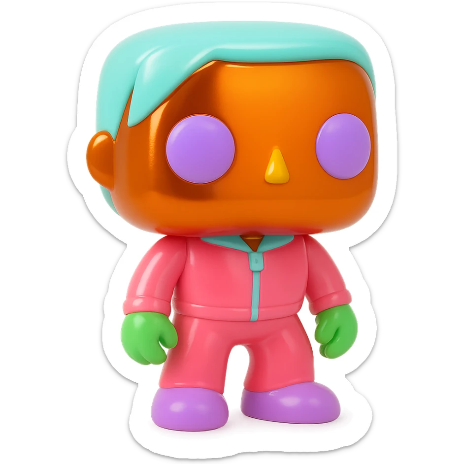 Enhance the Funko Pop figures with vivid, cheerful, and colorful eyes, hair, and outfits, while maintaining their shiny chrome skin and finish. The chrome effect should remain prominent alongside the added colors. sticker
