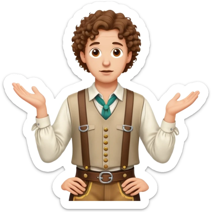 German person with brown curly hair in typical Bavarian clothing (lederhosen) shrugging and looking lost sticker