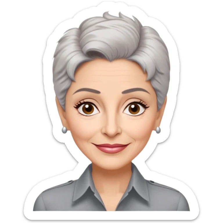 Older Puerto Rican actress Marian Pabón with elongated face, light pinkish skin, almond-shaped expressive eyes, straight nose, well-defined lips with wide smile, arched eyebrows, pronounced cheekbones, short spiky gray hair like a man's cut, more wrinkles, wearing a white buttoned shirt sticker