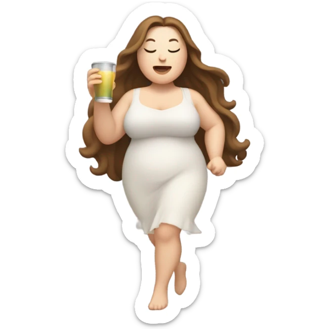 Chubby pale Woman with long brown hair dancing with drink with eyes closed sticker