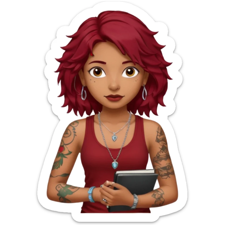 a pretty tan indian bratz girl with messy dark wavyred hair, wearing a dark red tank top, layered silver necklaces. Carrying multiple sketchbooks and pens, tattoos on arm sticker