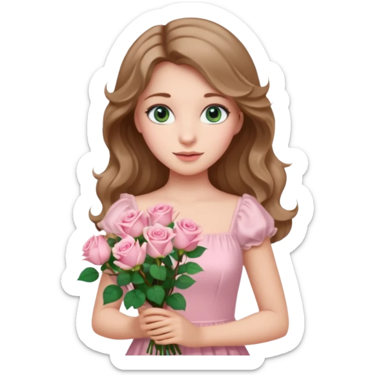 A beautiful princess with blue  green eyes and light brown wavy hair wearing a light pink dress and holding a bouquet of light pink roses  sticker