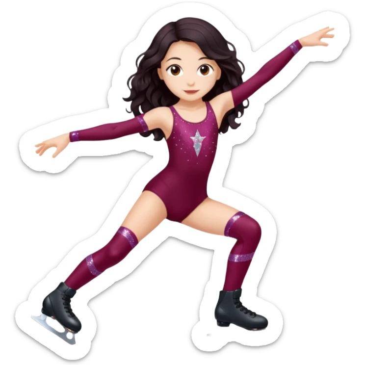 Una patinadora de 12 años y es morena de pelo y lleva un mallott granate con brillos y esta patinando con patines de ruedas en linea y su piel es clara y el pelo es largo negro ondulado sticker